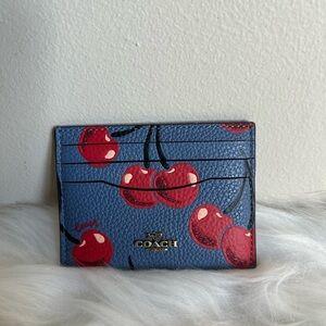 NWT Coach Card Case with Cherry Print Color Washed Chambray Blue/Red
